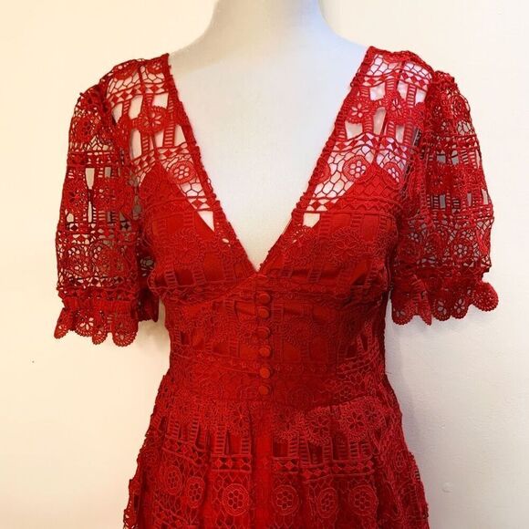 Self-Portrait Guipure V-Neck Puff Sleeve Red Midi Dress US 2 UK 4 Extra Small - Picture 4 of 10